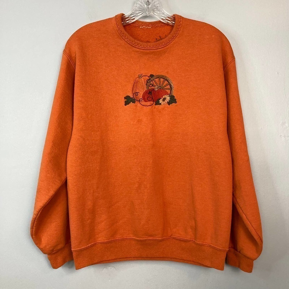 VINTAGE Orange Crewneck Sweatshirt Embroidered Harvest Pumpkin Sunflower Size S